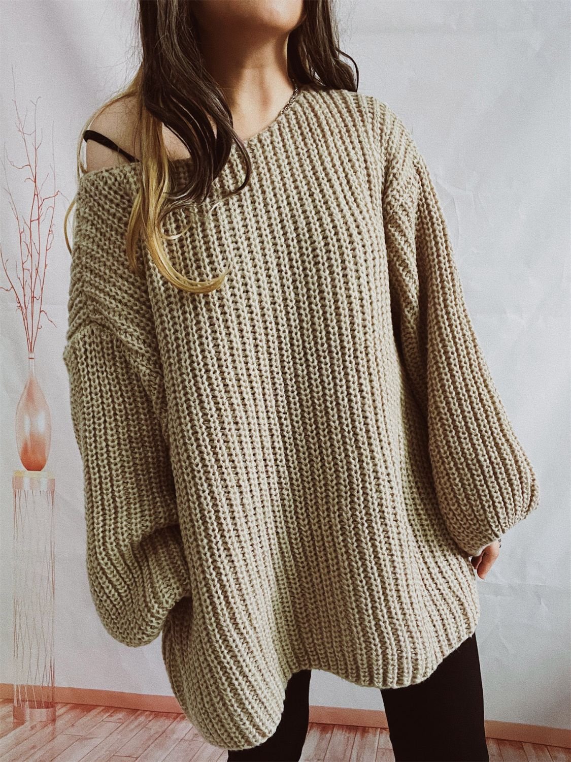 Boat Neck Long Sleeve Sweater with Belt - ViarousViarousViarous