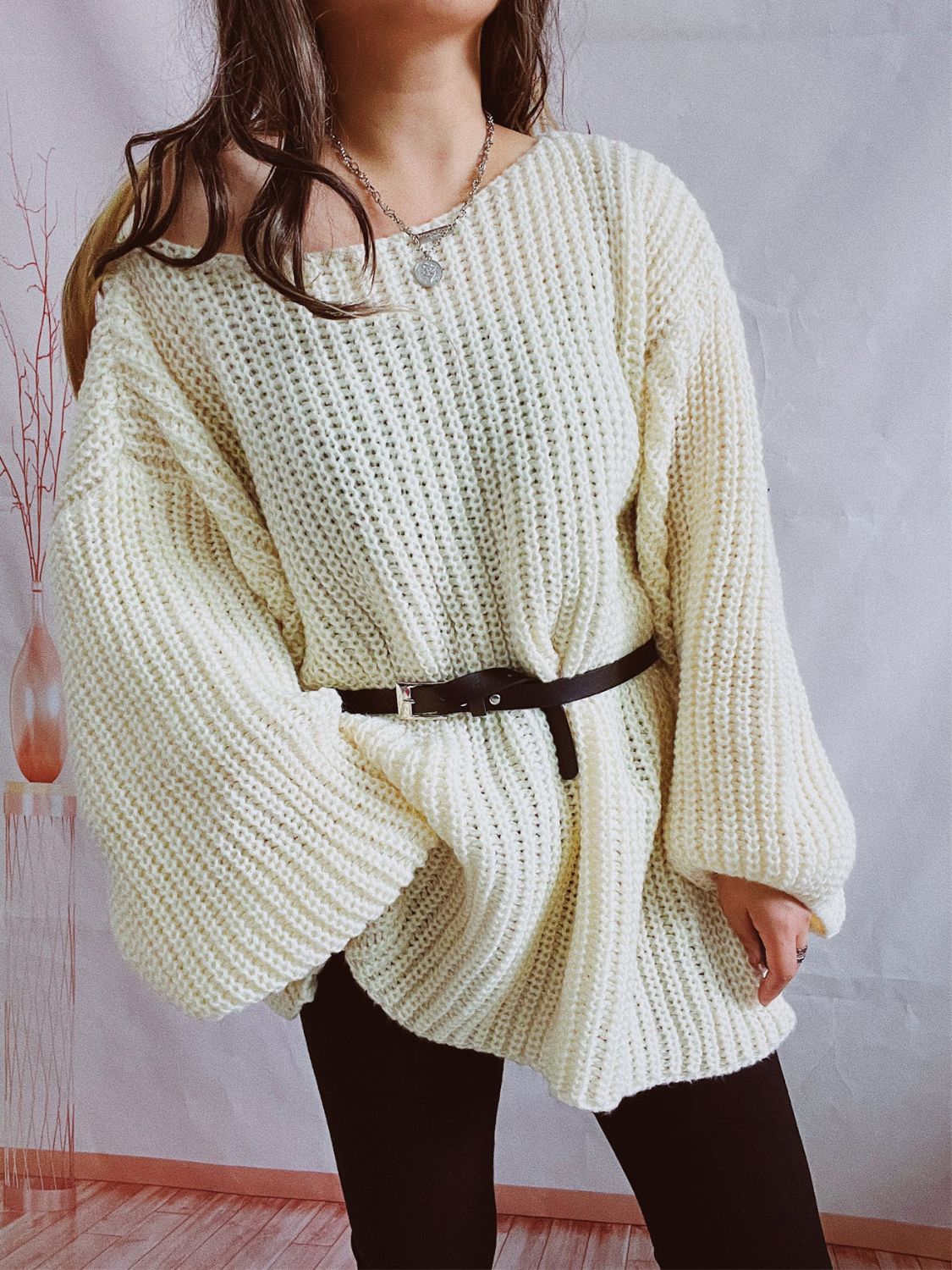 Boat Neck Long Sleeve Sweater with Belt - ViarousViarousViarous
