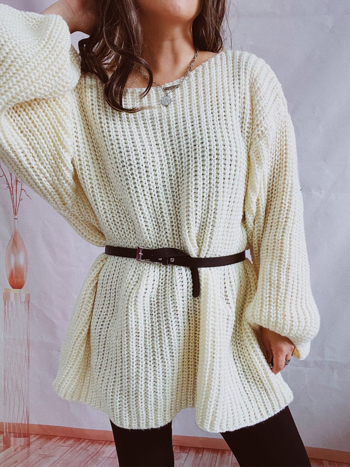 Boat Neck Long Sleeve Sweater with Belt - ViarousViarousViarous
