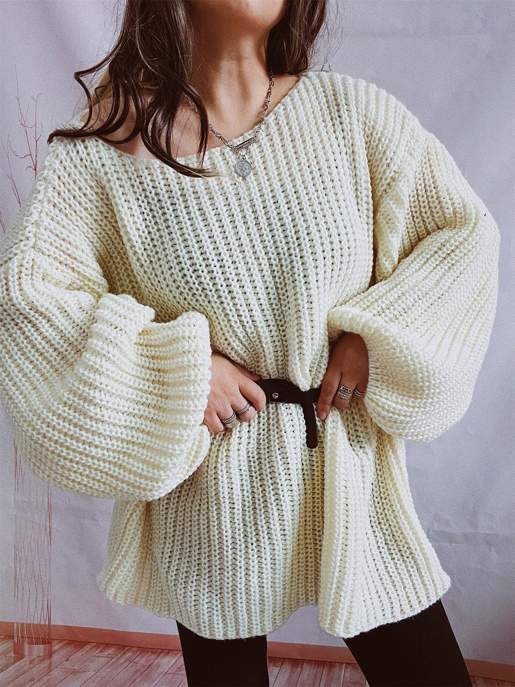 Boat Neck Long Sleeve Sweater with Belt - ViarousViarousViarous