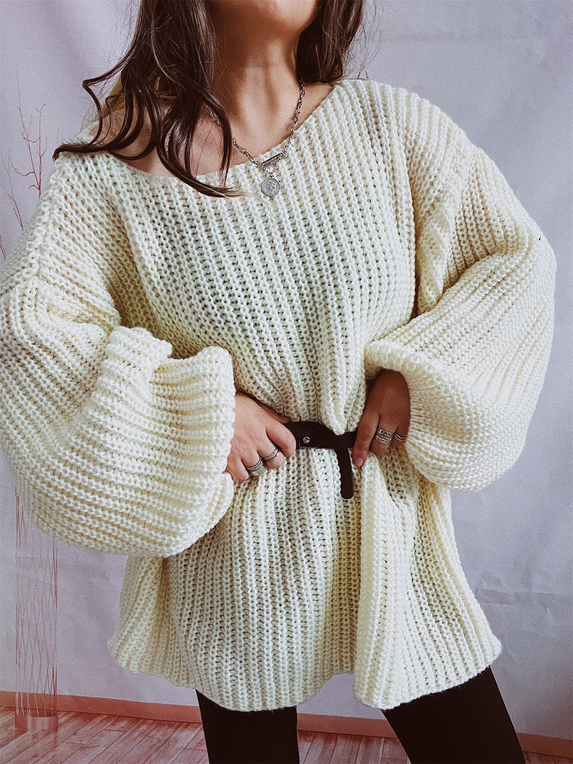 Boat Neck Long Sleeve Sweater with Belt - ViarousViarousViarous