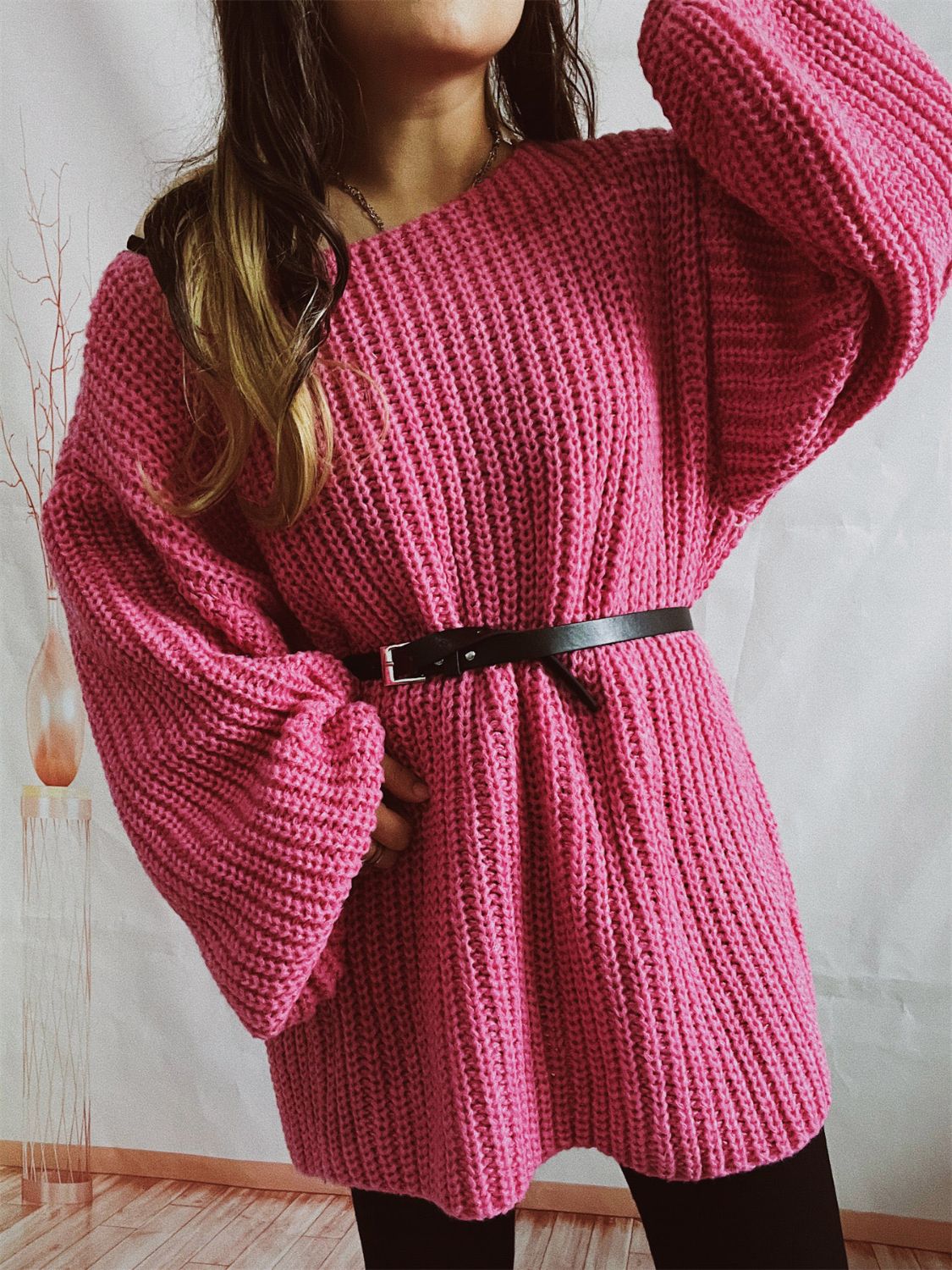 Boat Neck Long Sleeve Sweater with Belt - ViarousViarousViarous
