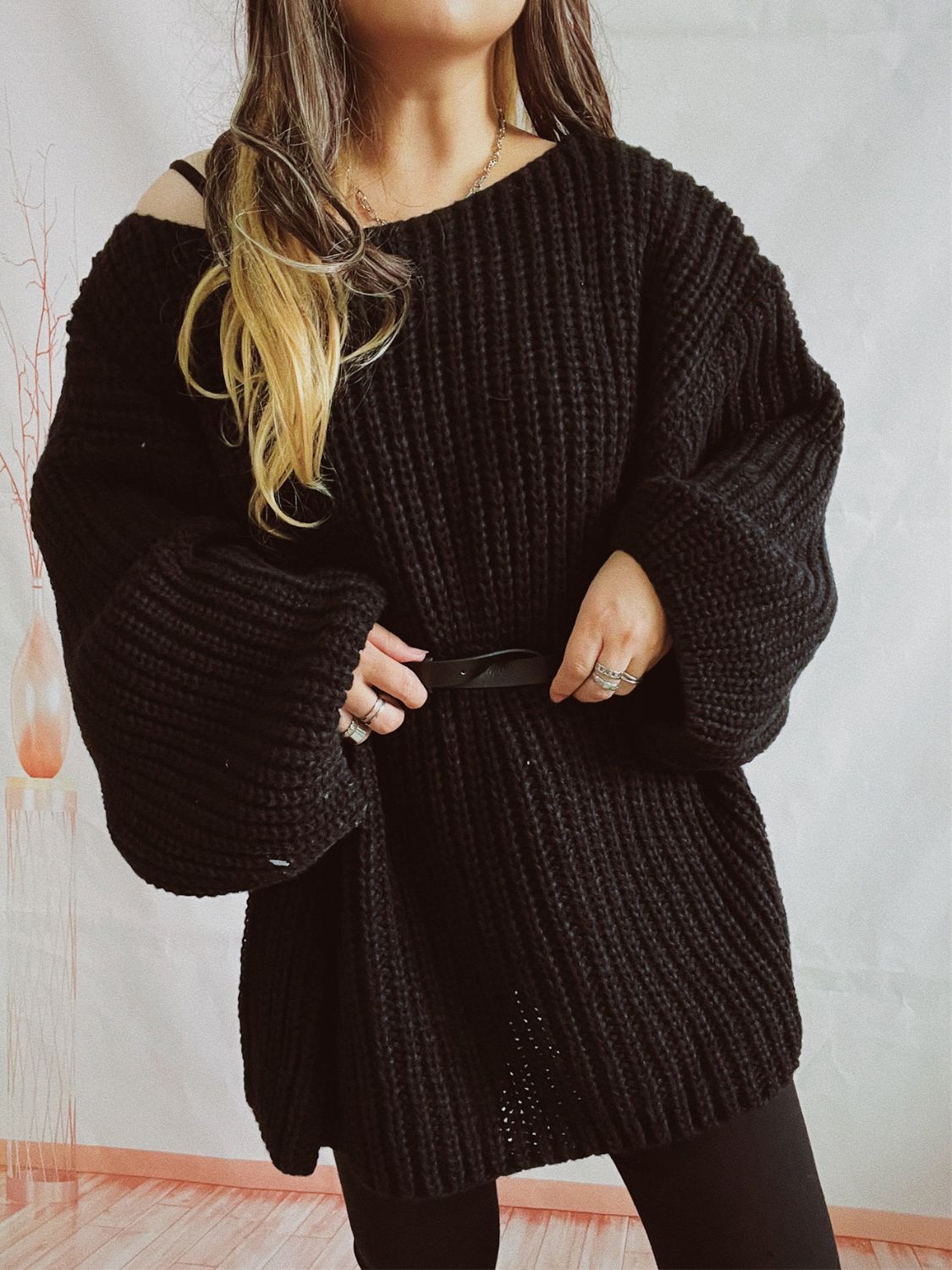 Boat Neck Long Sleeve Sweater with Belt - ViarousViarousViarous