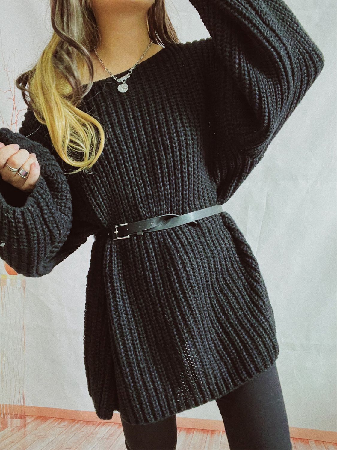 Boat Neck Long Sleeve Sweater with Belt - ViarousViarousViarous