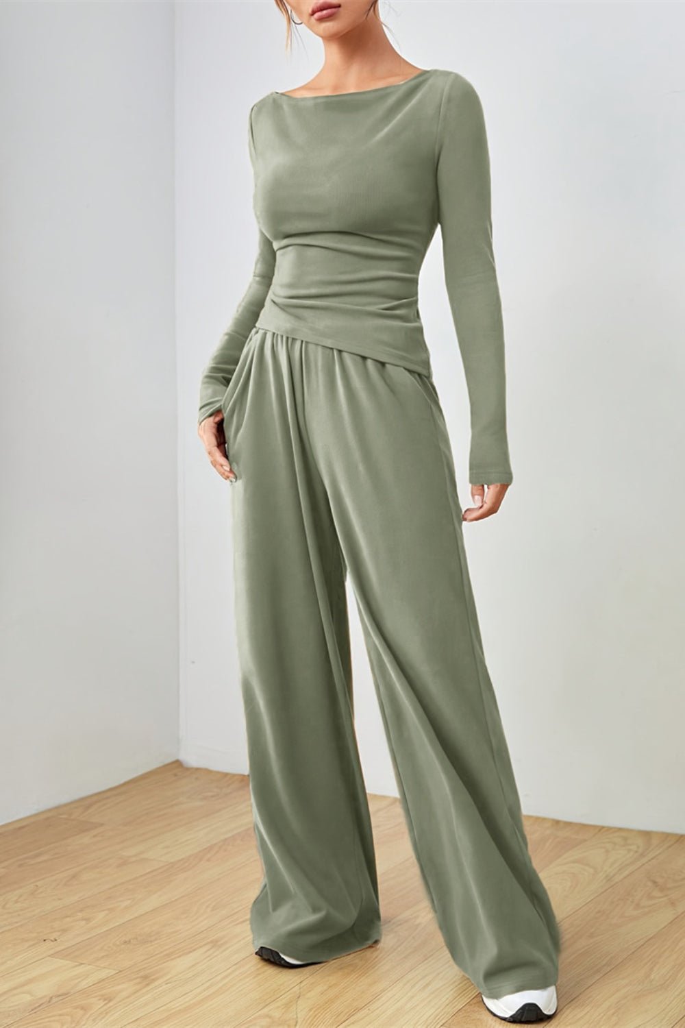 Boat Neck Long Sleeve Top and Pants Set - ViarousViarousViarous