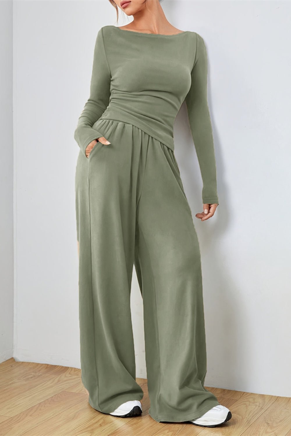 Boat Neck Long Sleeve Top and Pants Set - ViarousViarousViarous