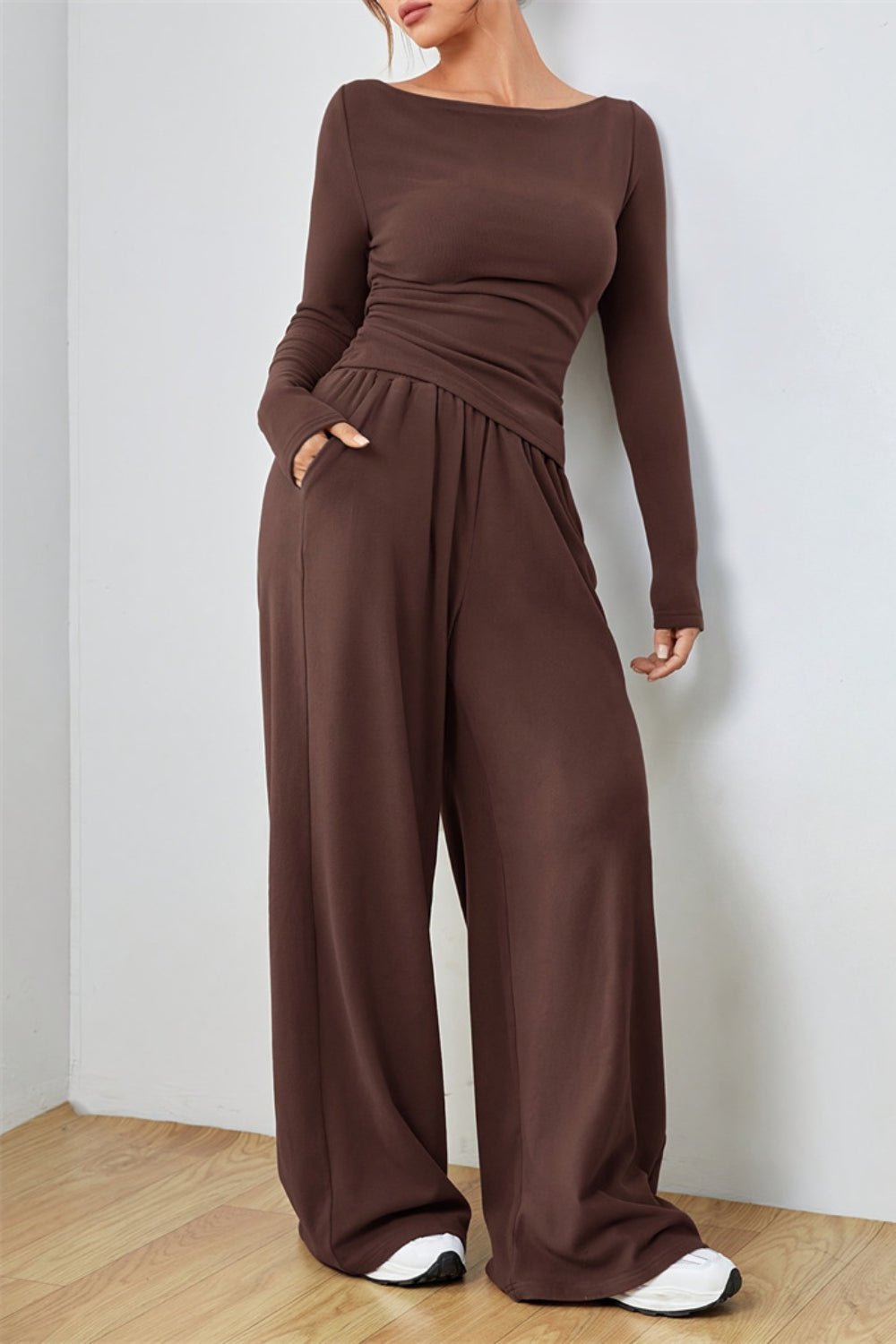 Boat Neck Long Sleeve Top and Pants Set - ViarousViarousViarous