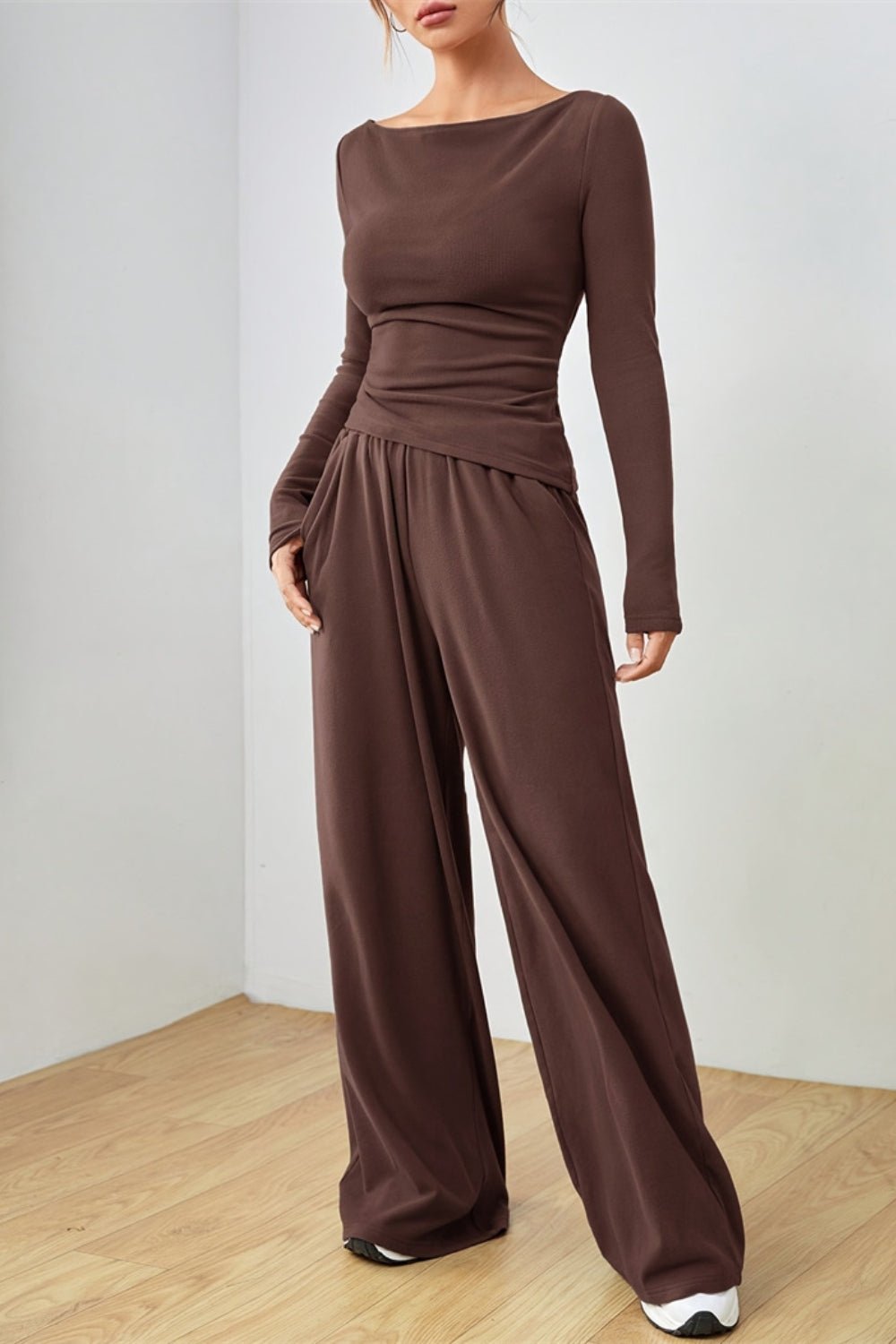 Boat Neck Long Sleeve Top and Pants Set - ViarousViarousViarous
