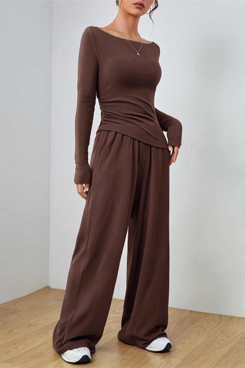 Boat Neck Long Sleeve Top and Pants Set - ViarousViarousViarous