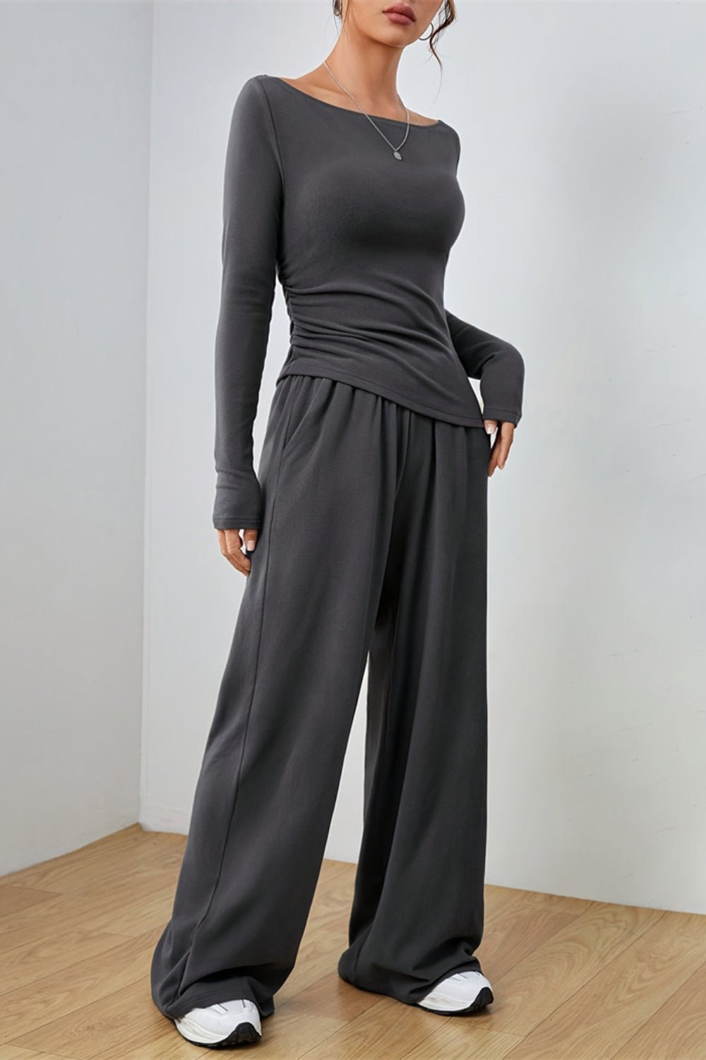 Boat Neck Long Sleeve Top and Pants Set - ViarousViarousViarous