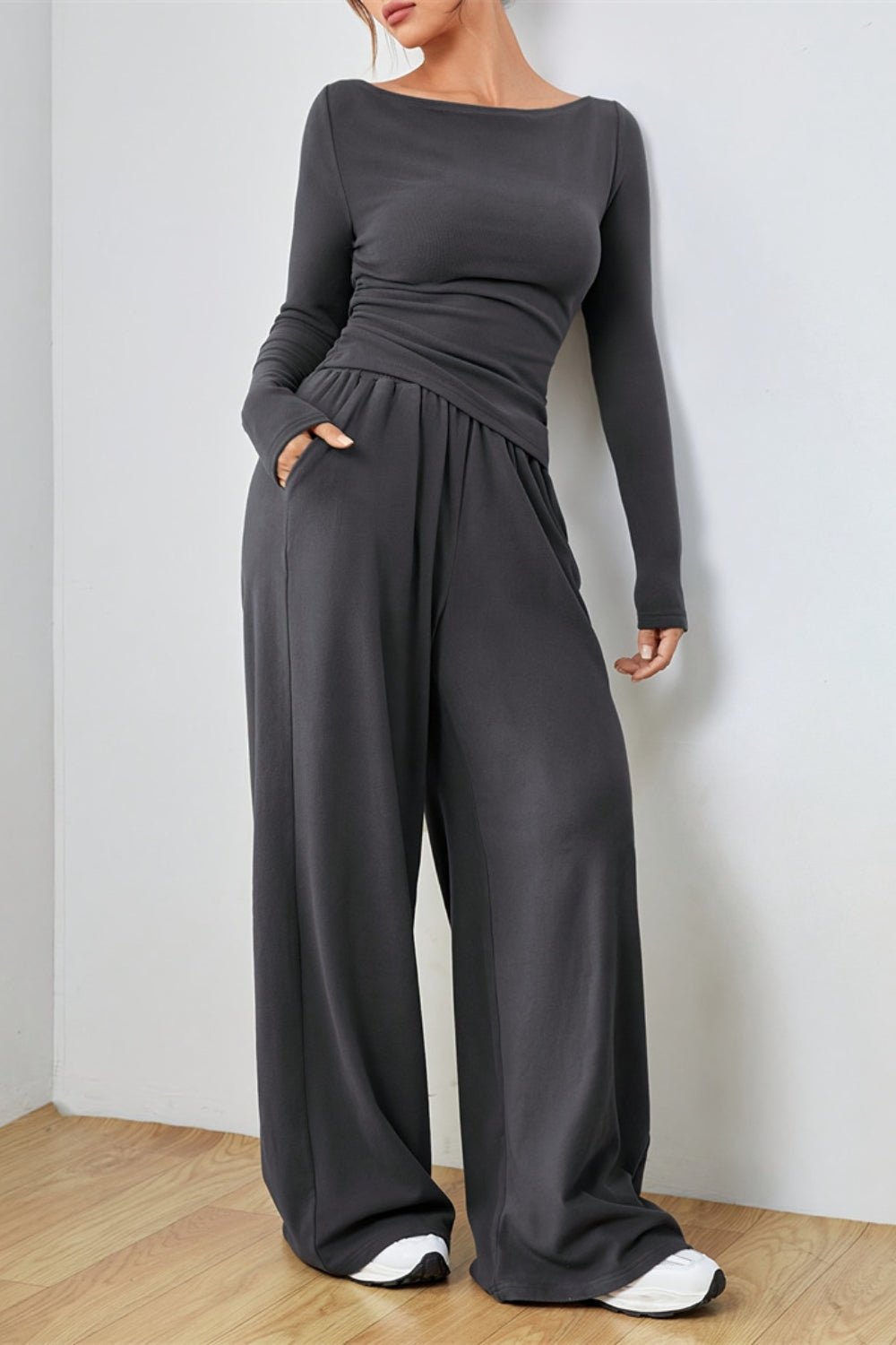 Boat Neck Long Sleeve Top and Pants Set - ViarousViarousViarous