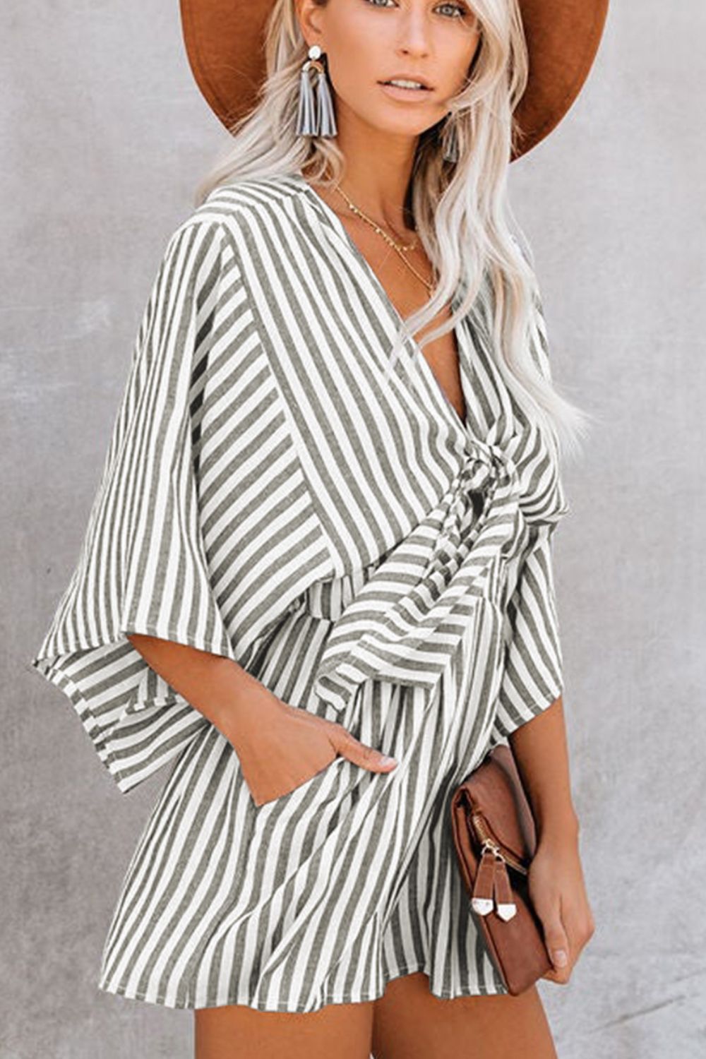 Bow Striped Kimono Sleeve Romper - ViarousViarousViarous