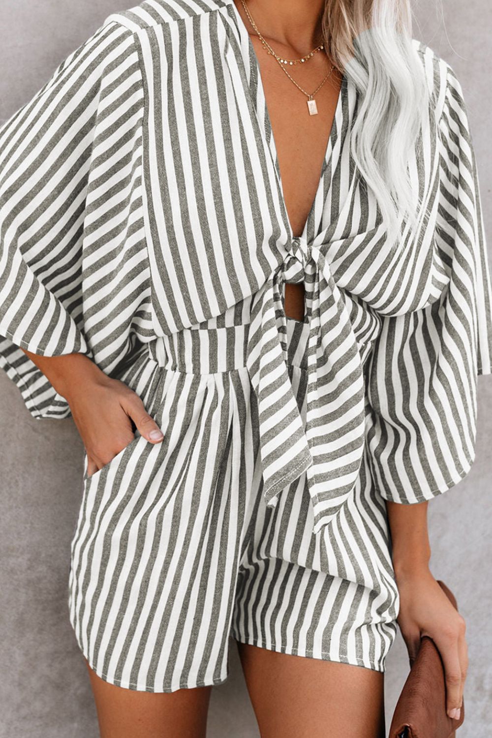 Bow Striped Kimono Sleeve Romper - ViarousViarousViarous