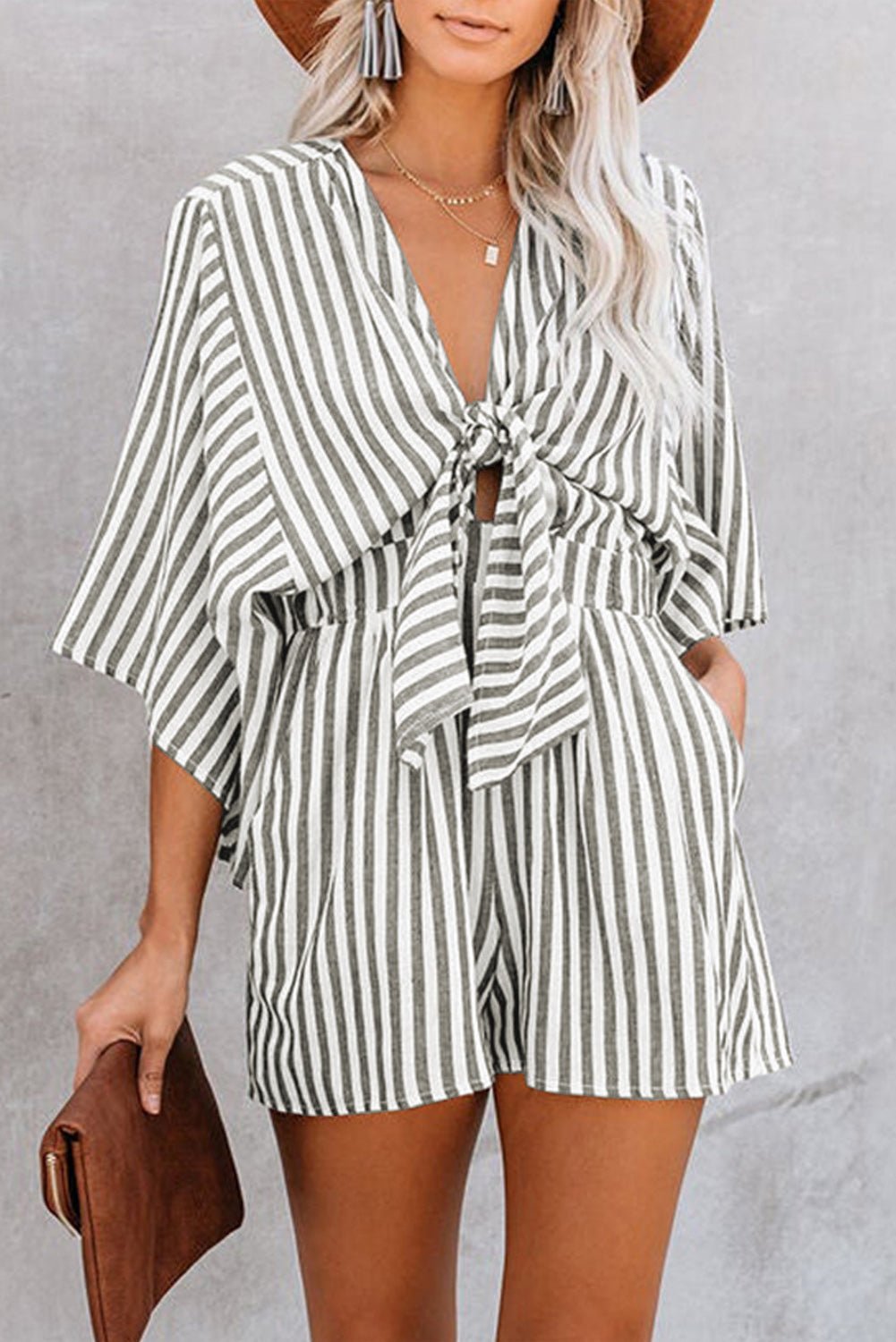 Bow Striped Kimono Sleeve Romper - ViarousViarousViarous