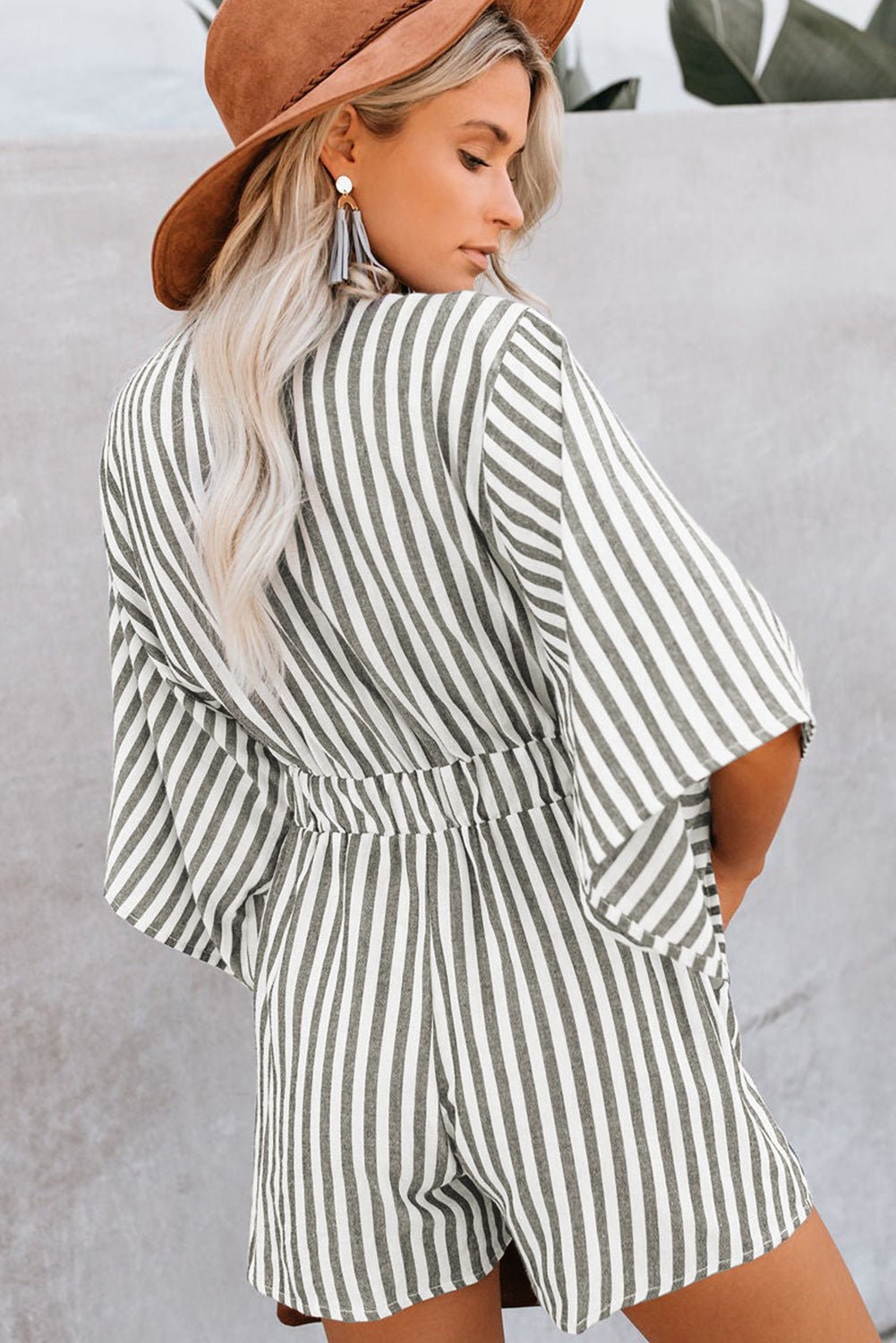 Bow Striped Kimono Sleeve Romper - ViarousViarousViarous