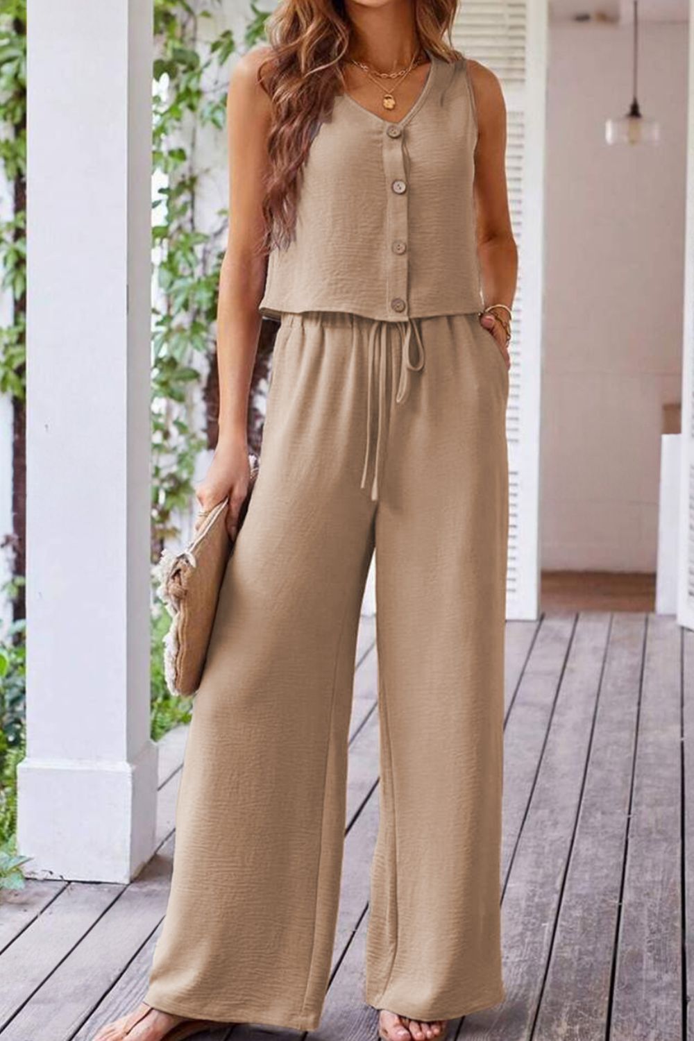 Button Down Vest and Drawstring Wide Leg Pants Set - ViarousViarousViarous