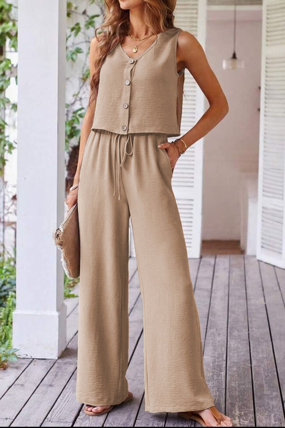 Button Down Vest and Drawstring Wide Leg Pants Set - ViarousViarousViarous