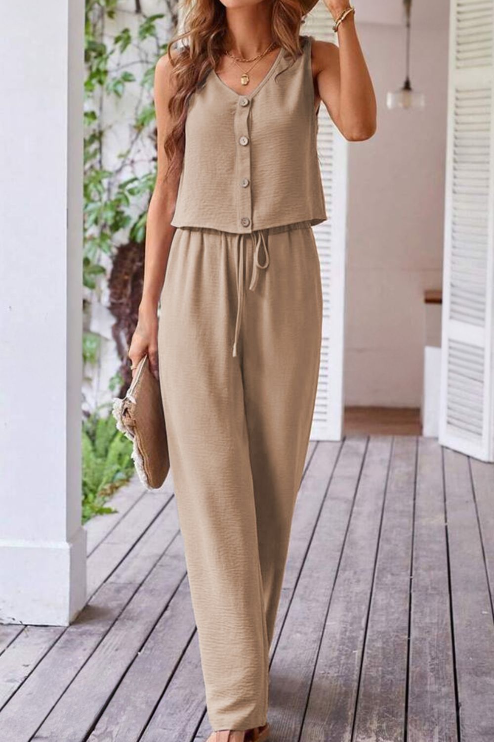 Button Down Vest and Drawstring Wide Leg Pants Set - ViarousViarousViarous