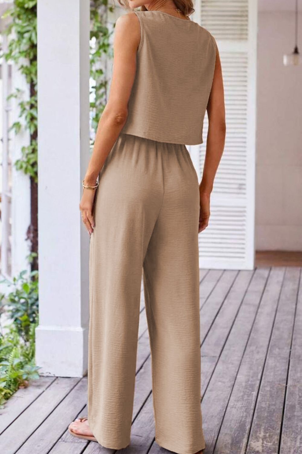 Button Down Vest and Drawstring Wide Leg Pants Set - ViarousViarousViarous