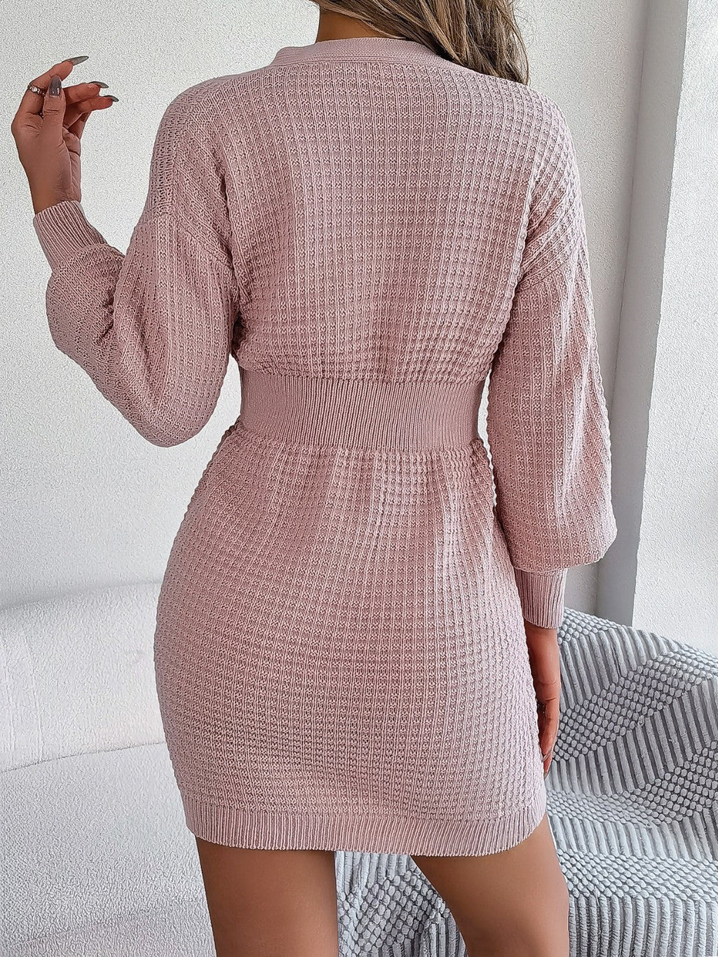 Buttoned Cable - Knit V - Neck Sweater Dress - ViarousViarousViarous