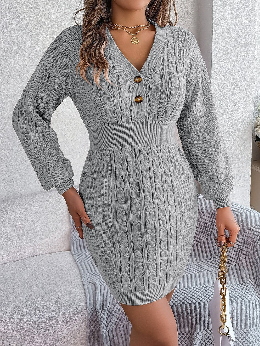 Buttoned Cable - Knit V - Neck Sweater Dress - ViarousViarousViarous