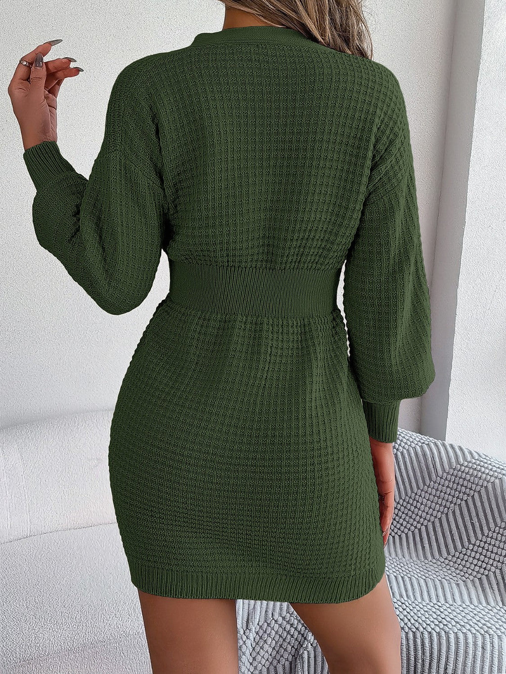 Buttoned Cable - Knit V - Neck Sweater Dress - ViarousViarousViarous