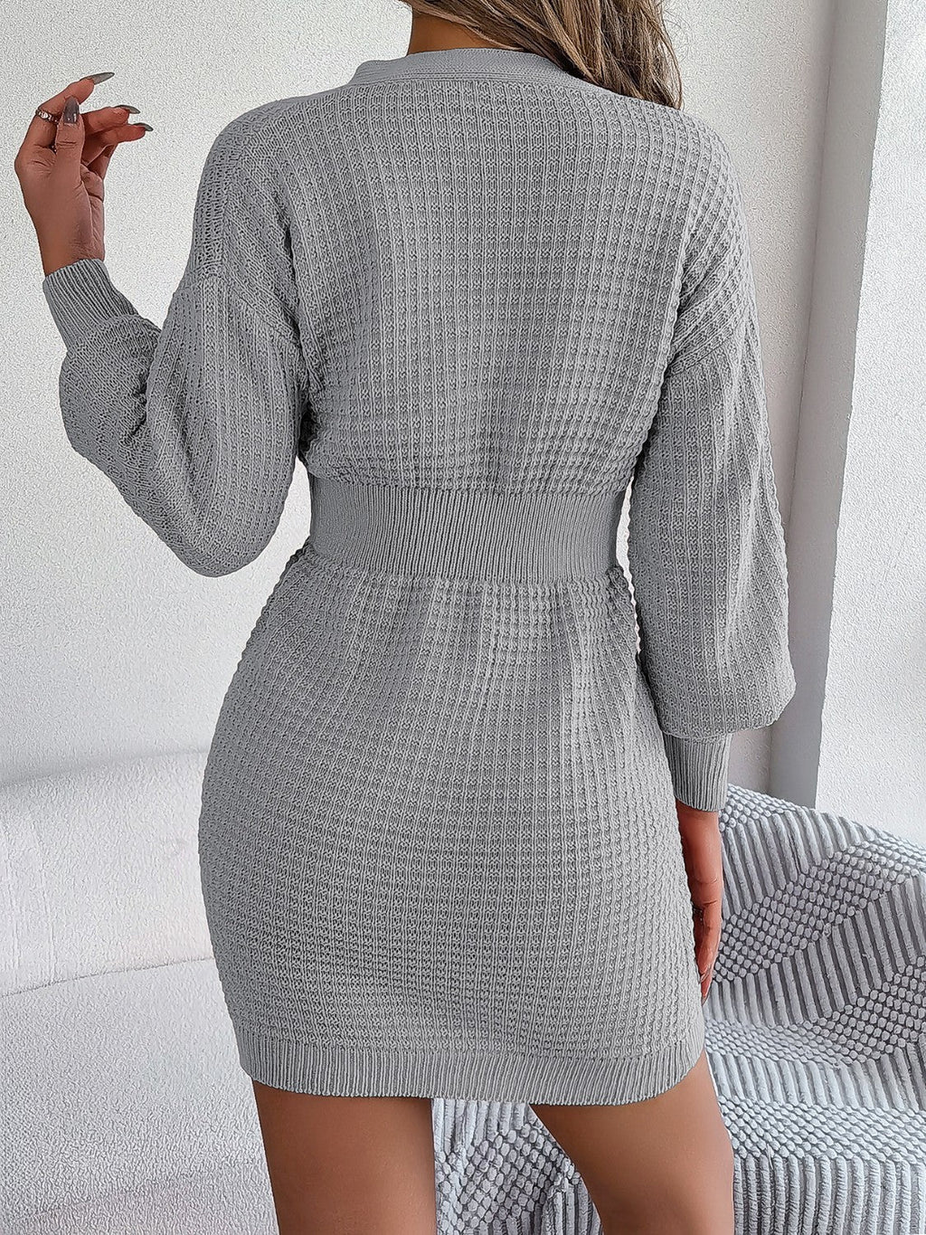 Buttoned Cable - Knit V - Neck Sweater Dress - ViarousViarousViarous