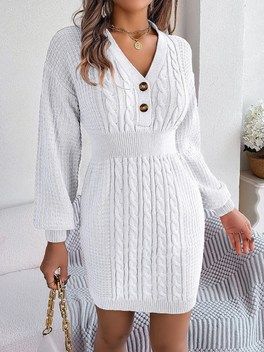 Buttoned Cable - Knit V - Neck Sweater Dress - ViarousViarousViarous