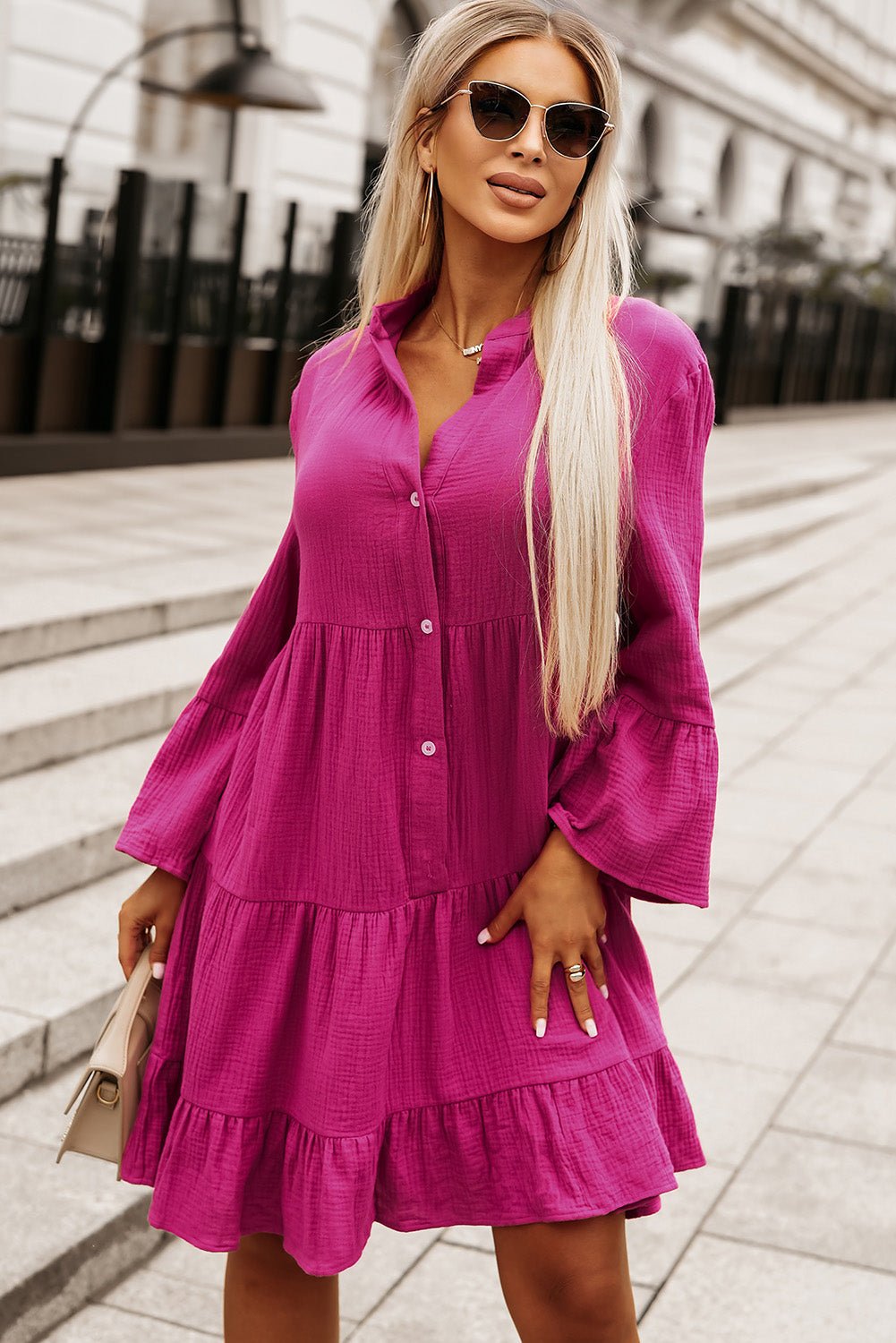 Buttoned Flare Sleeve Tiered Dress - ViarousViarousViarous