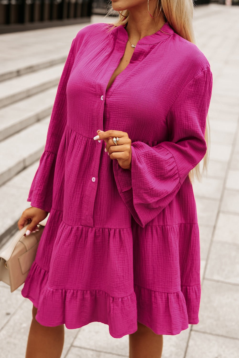 Buttoned Flare Sleeve Tiered Dress - ViarousViarousViarous
