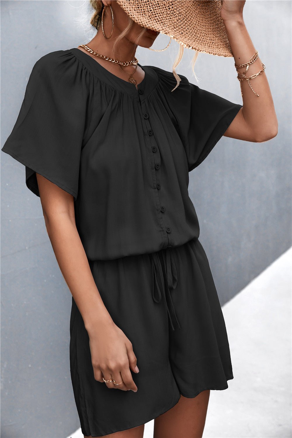 Buttoned Gather Detail Romper - ViarousViarousViarous