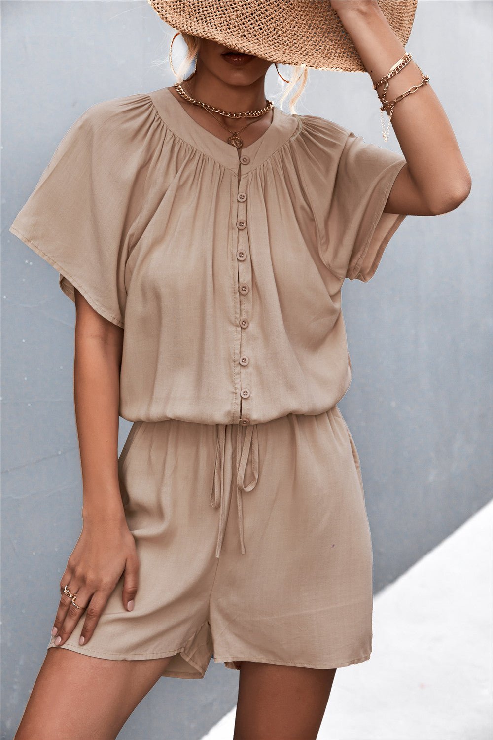 Buttoned Gather Detail Romper - ViarousViarousViarous