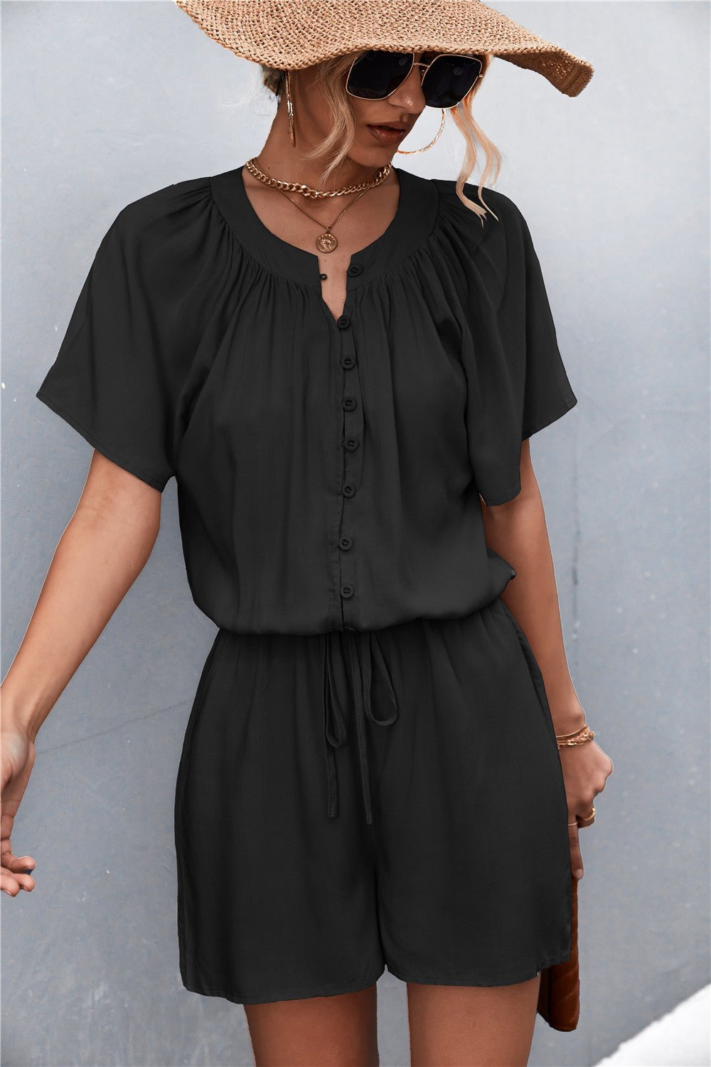 Buttoned Gather Detail Romper - ViarousViarousViarous