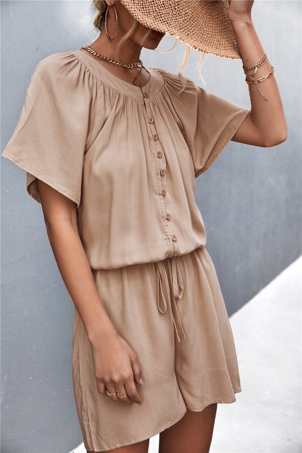 Buttoned Gather Detail Romper - ViarousViarousViarous