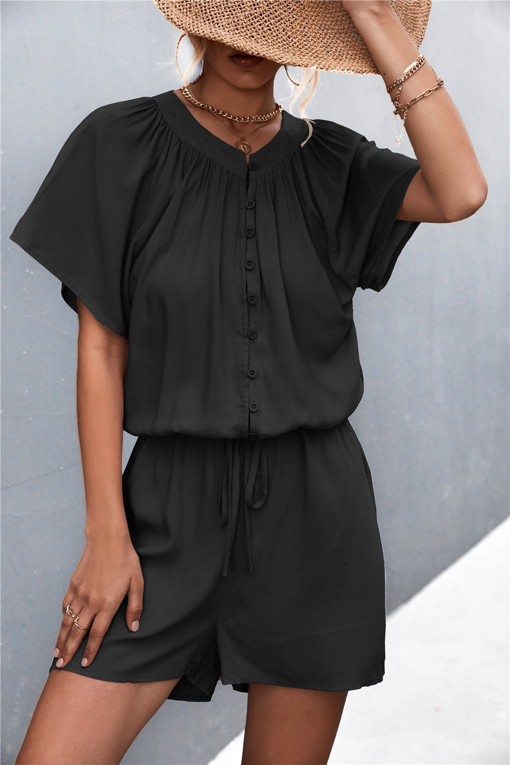 Buttoned Gather Detail Romper - ViarousViarousViarous