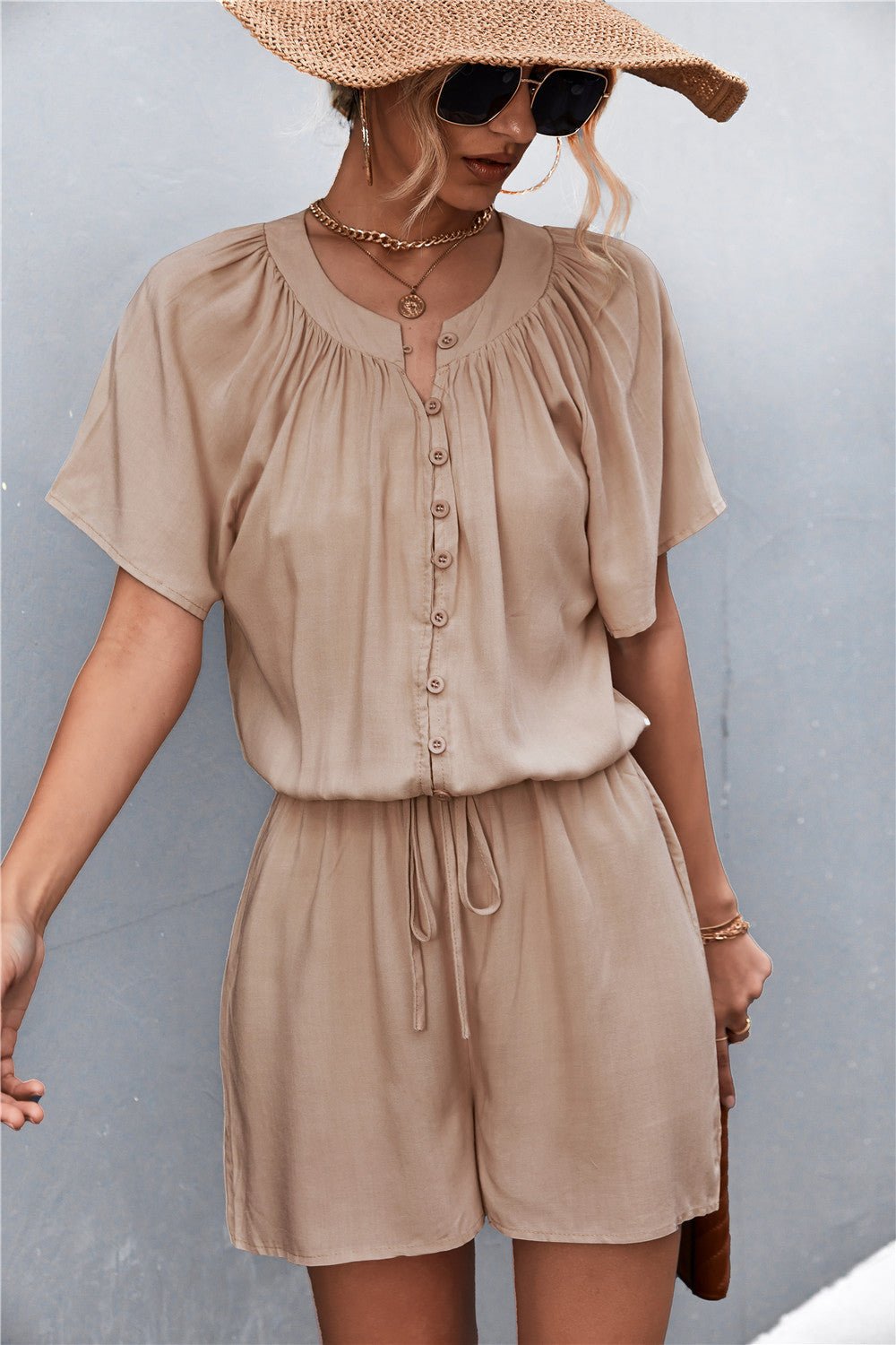 Buttoned Gather Detail Romper - ViarousViarousViarous