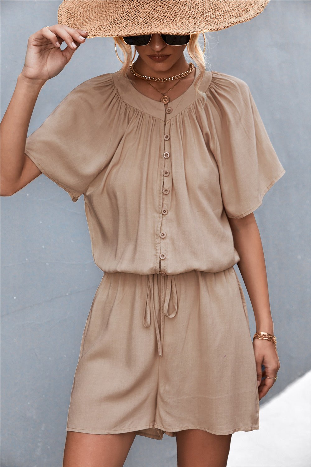 Buttoned Gather Detail Romper - ViarousViarousViarous