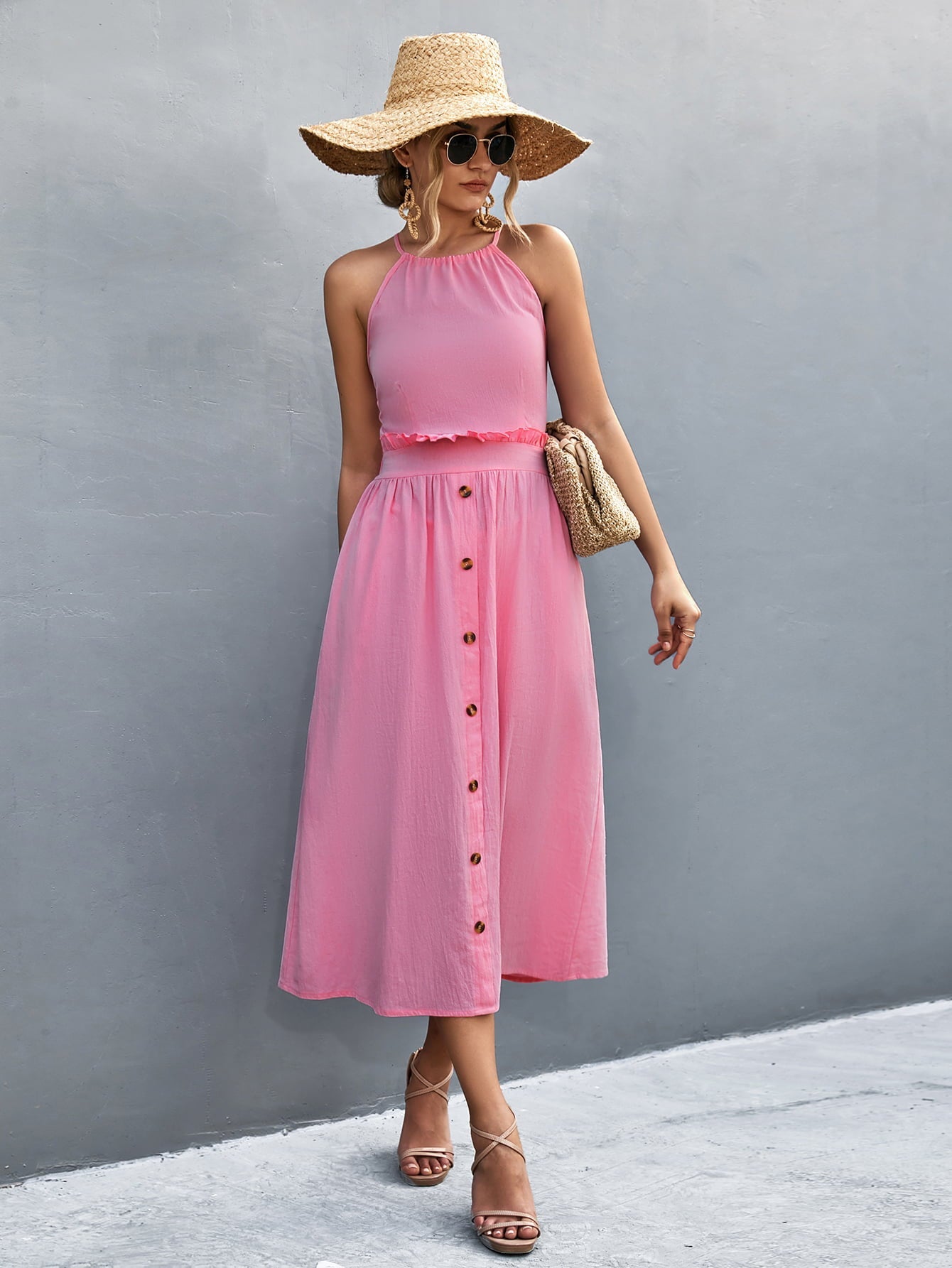 Buttoned Halter Neck Frill Trim Midi Dress - ViarousViarousViarous
