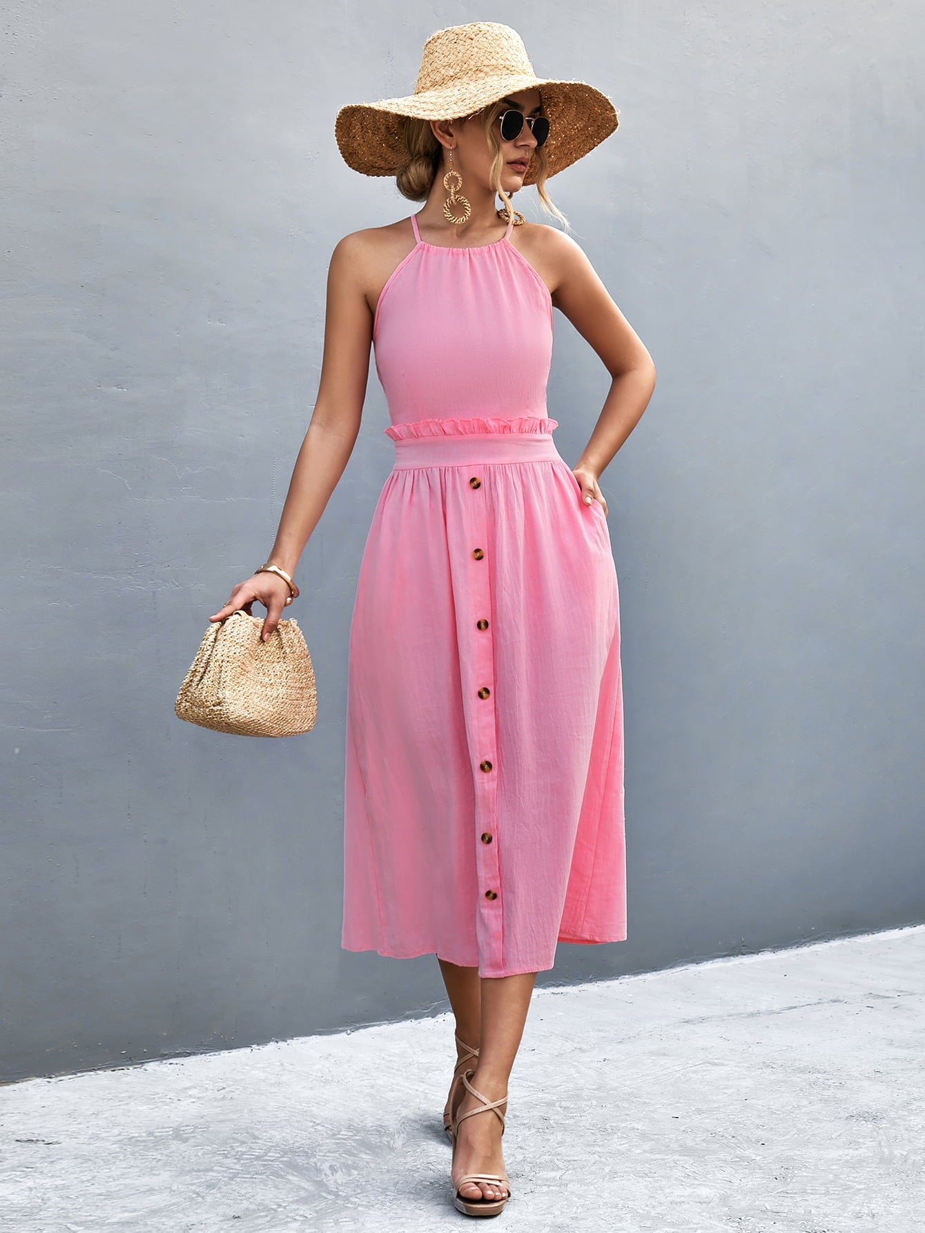 Buttoned Halter Neck Frill Trim Midi Dress - ViarousViarousViarous