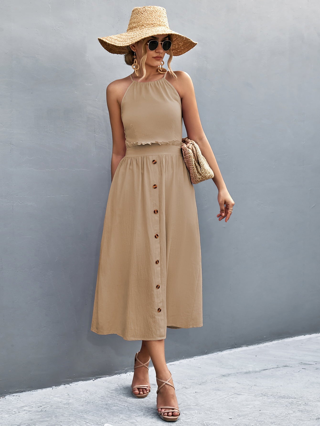 Buttoned Halter Neck Frill Trim Midi Dress - ViarousViarousViarous