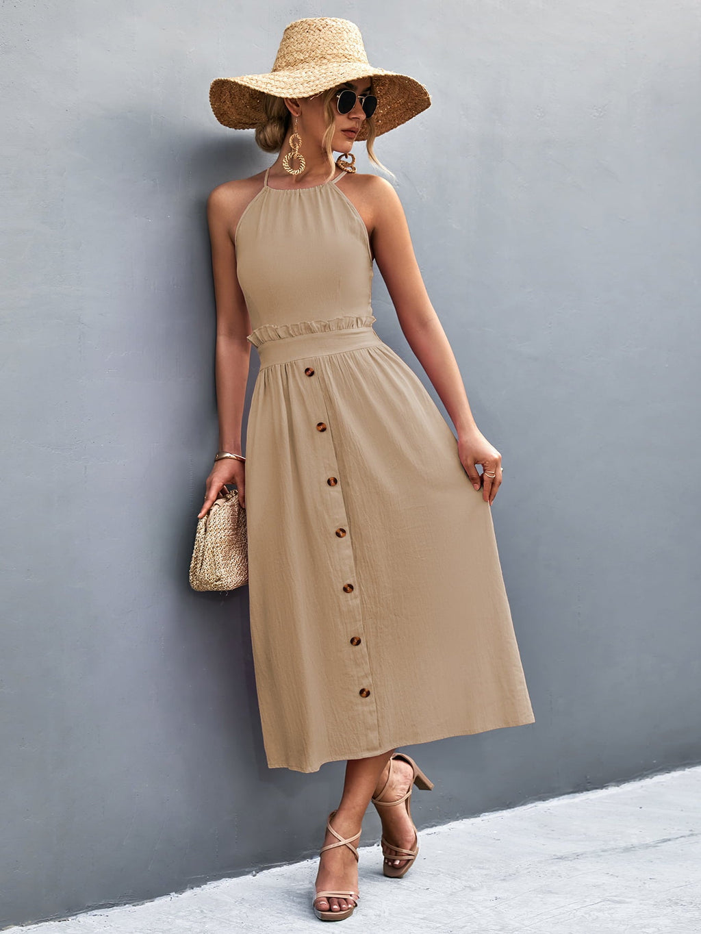 Buttoned Halter Neck Frill Trim Midi Dress - ViarousViarousViarous
