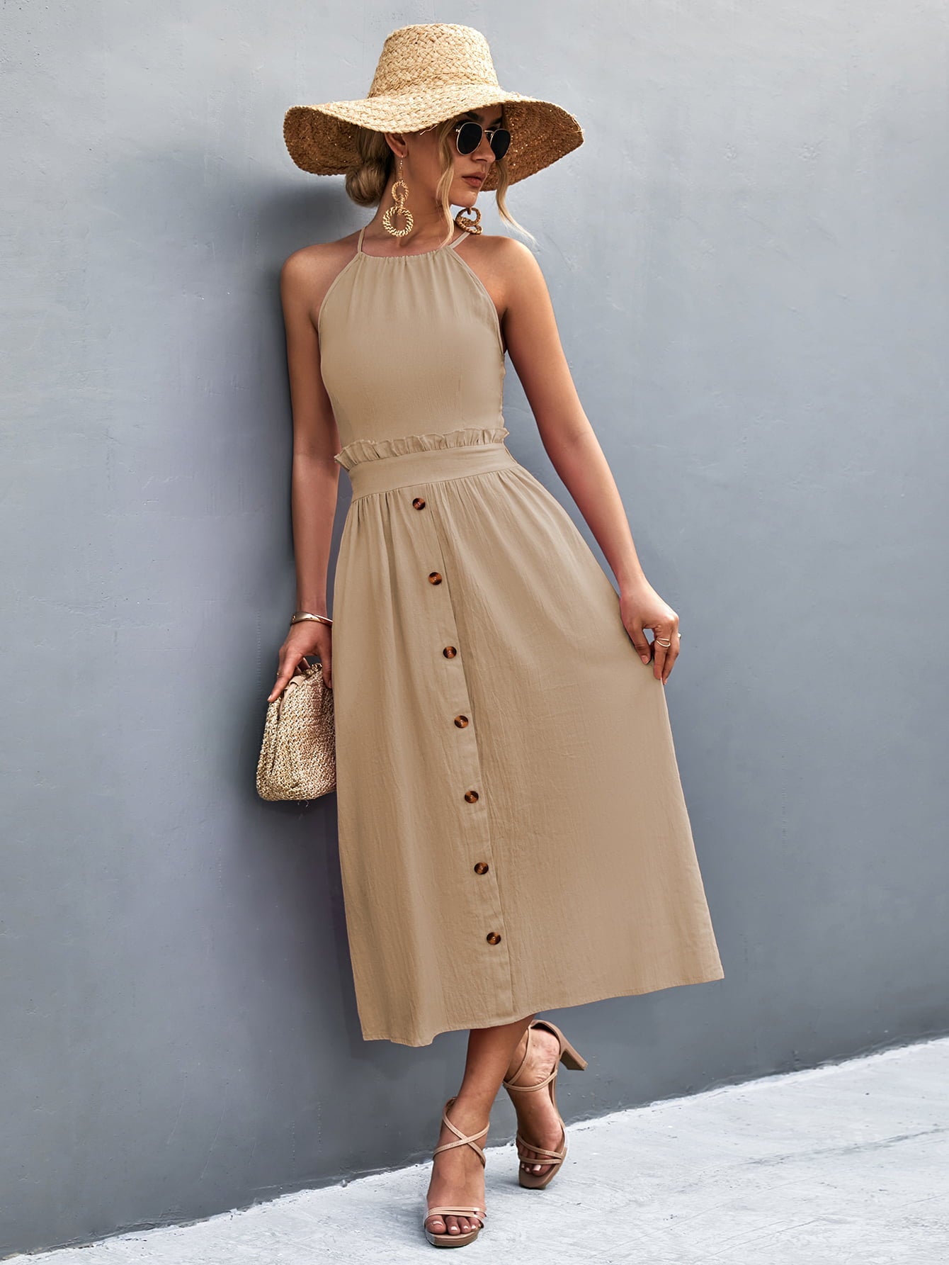 Buttoned Halter Neck Frill Trim Midi Dress - ViarousViarousViarous