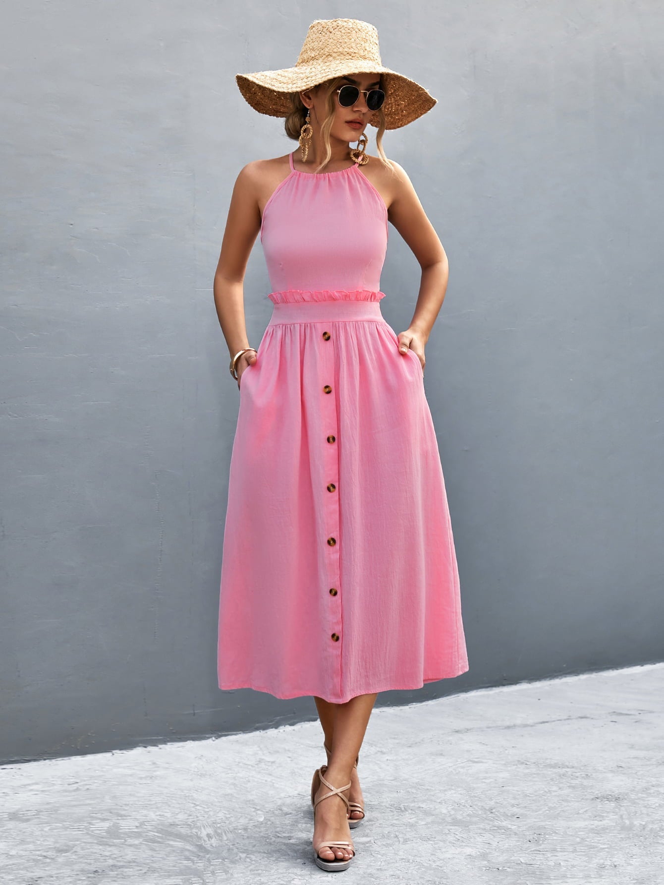 Buttoned Halter Neck Frill Trim Midi Dress - ViarousViarousViarous
