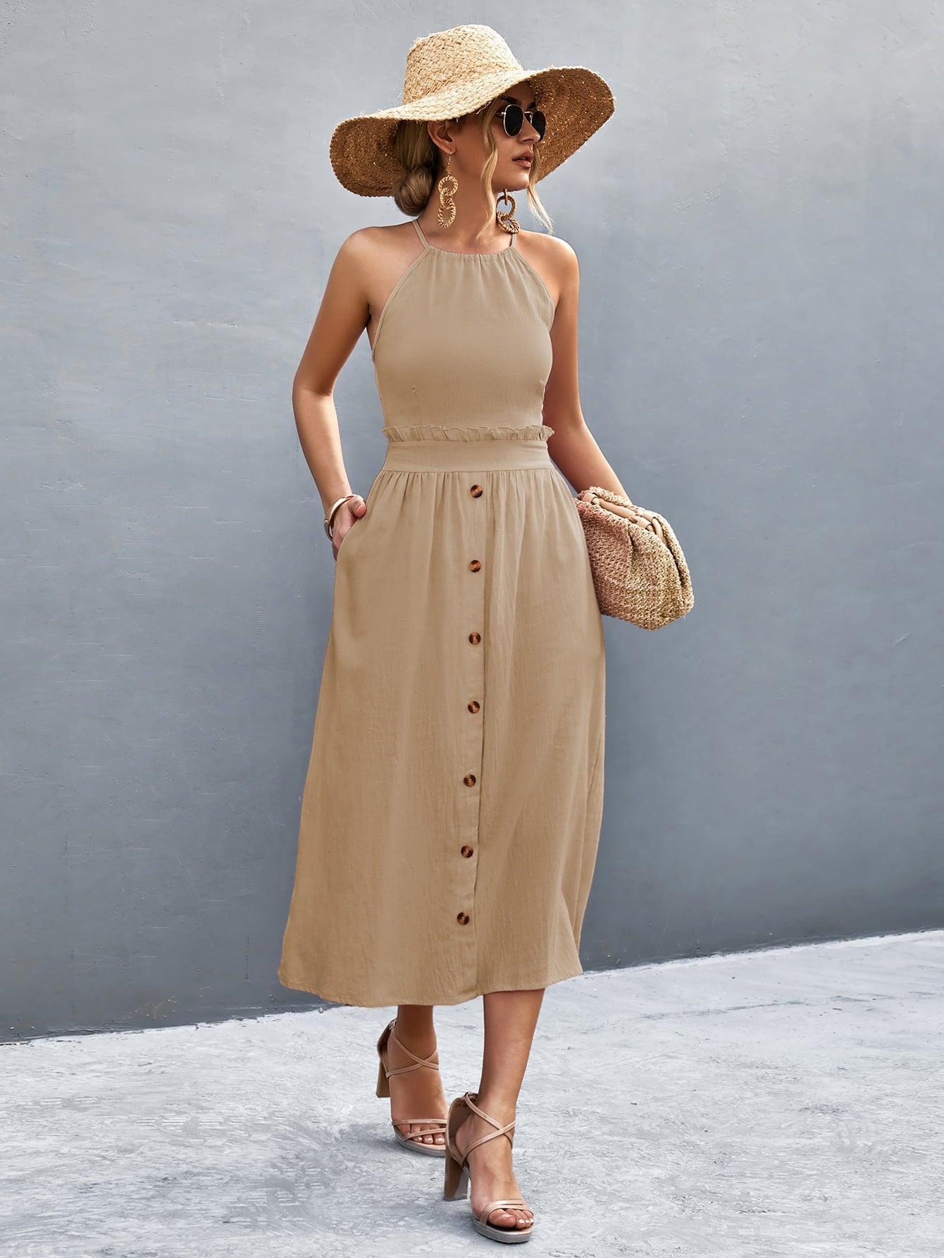 Buttoned Halter Neck Frill Trim Midi Dress - ViarousViarousViarous