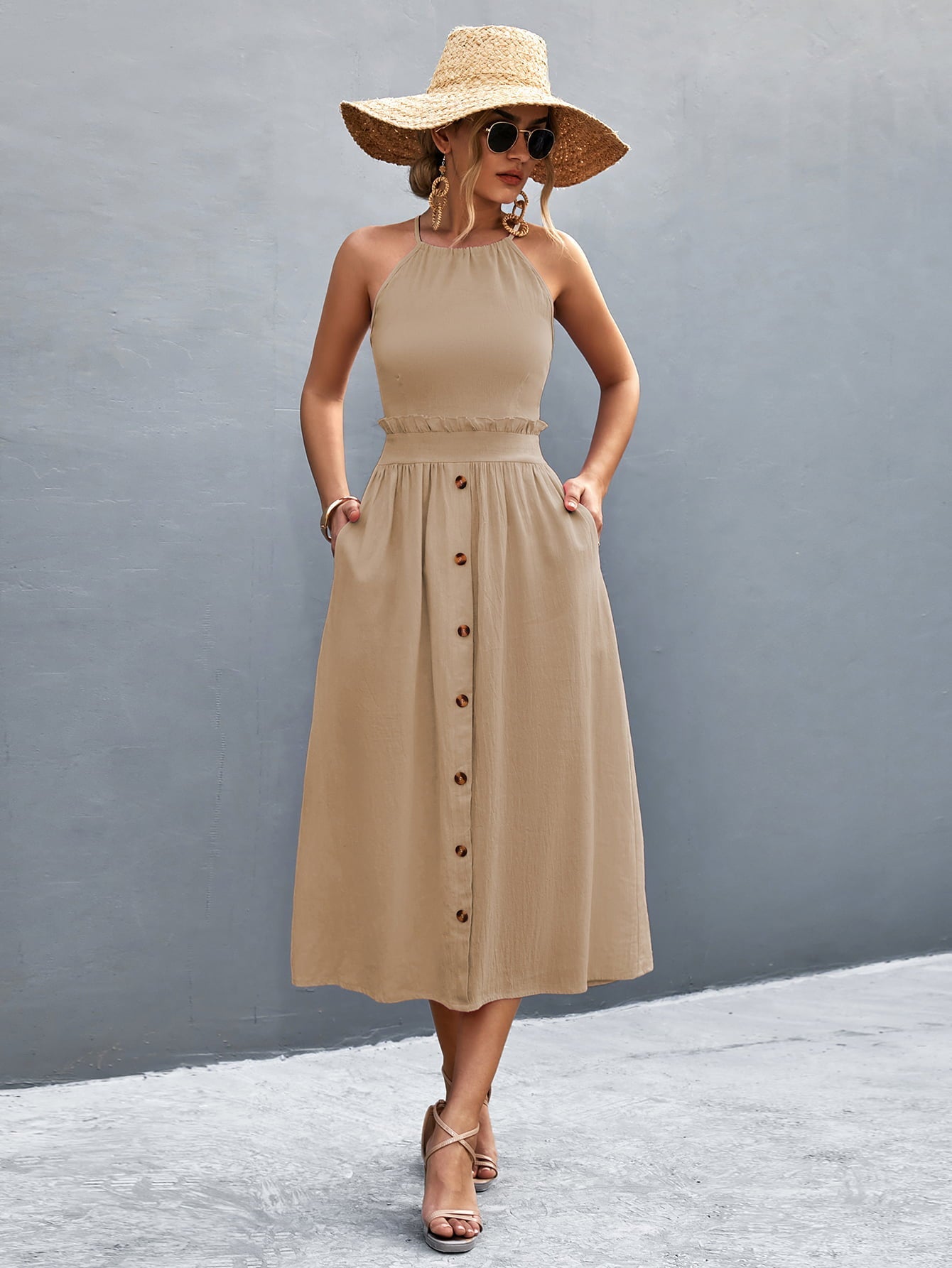 Buttoned Halter Neck Frill Trim Midi Dress - ViarousViarousViarous