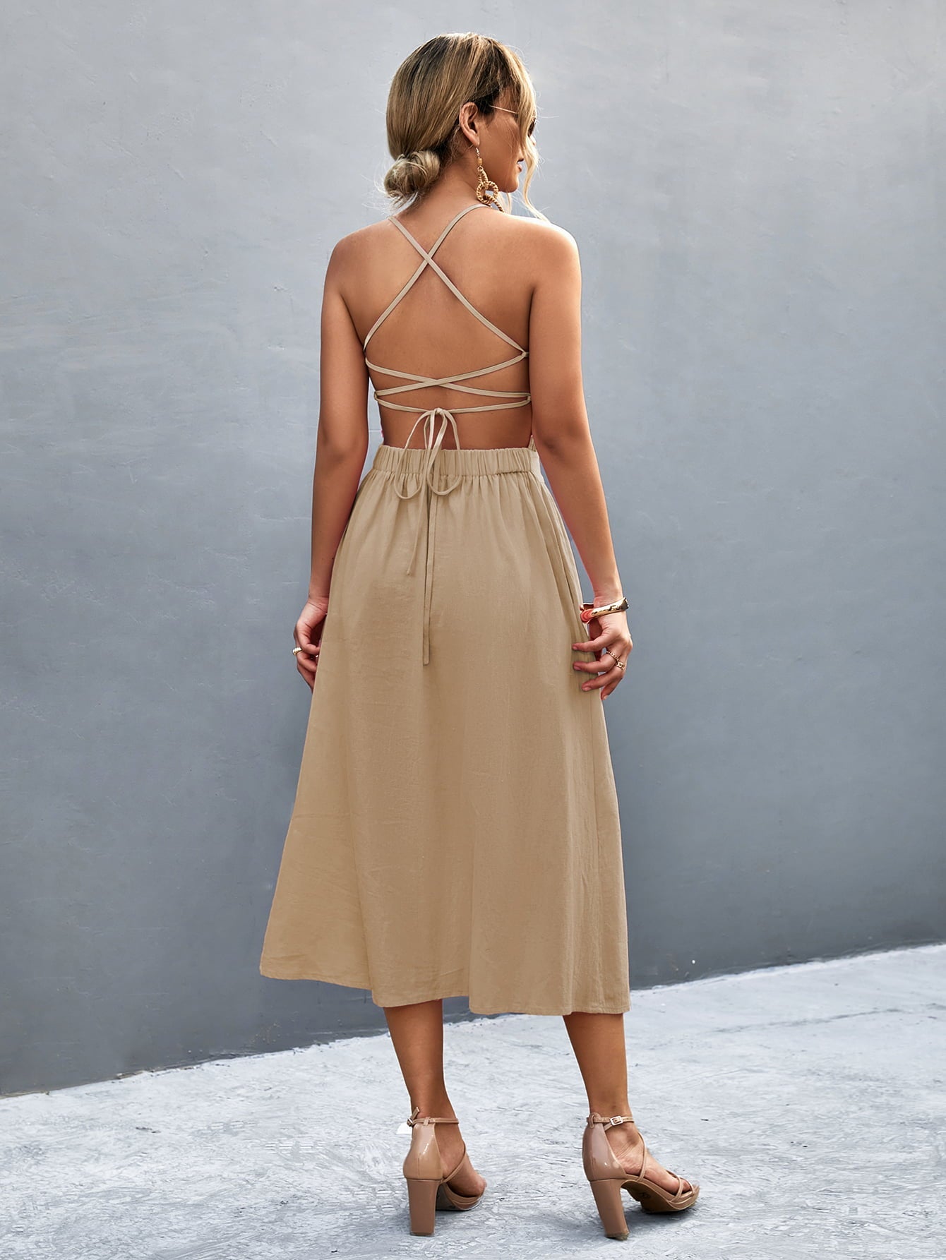 Buttoned Halter Neck Frill Trim Midi Dress - ViarousViarousViarous