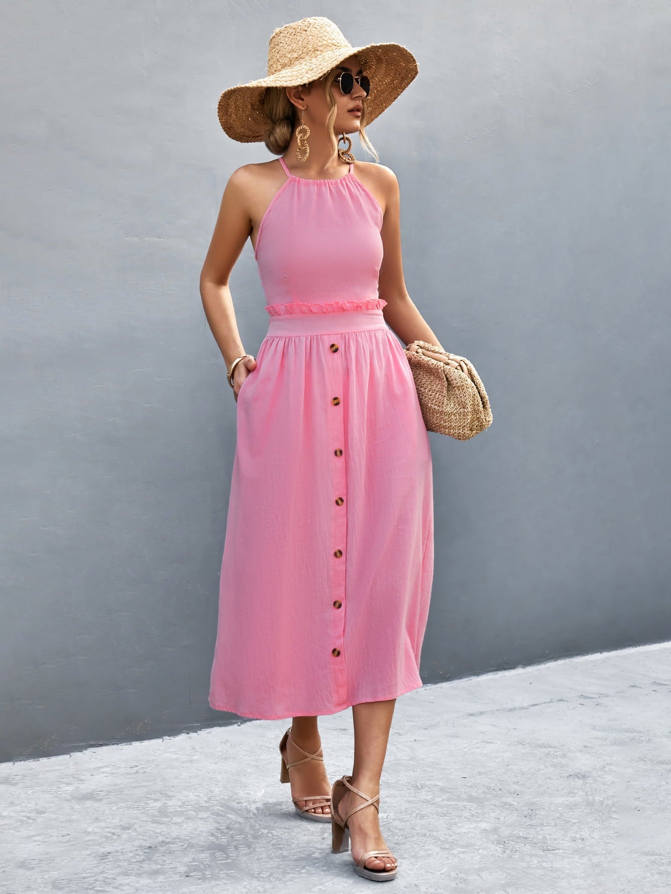 Buttoned Halter Neck Frill Trim Midi Dress - ViarousViarousViarous