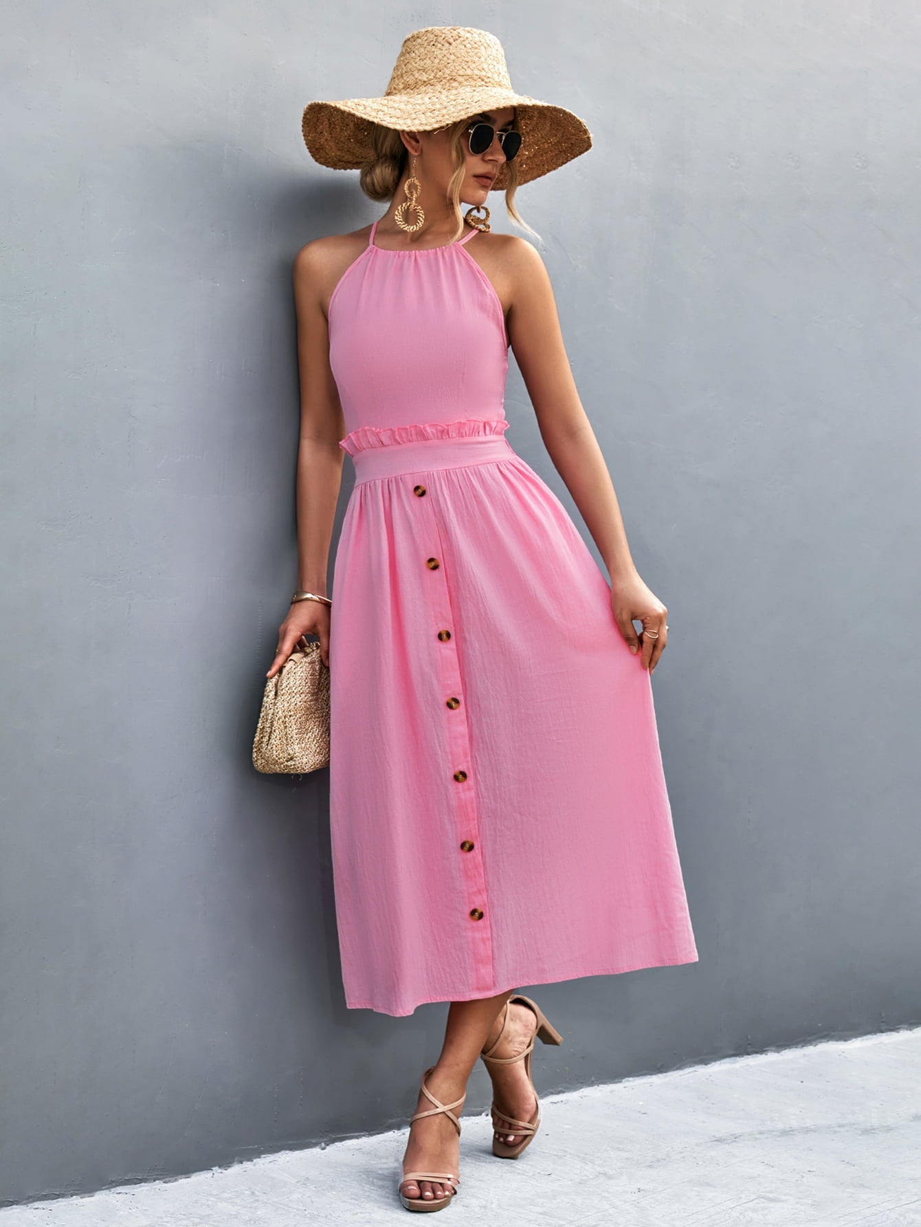 Buttoned Halter Neck Frill Trim Midi Dress - ViarousViarousViarous