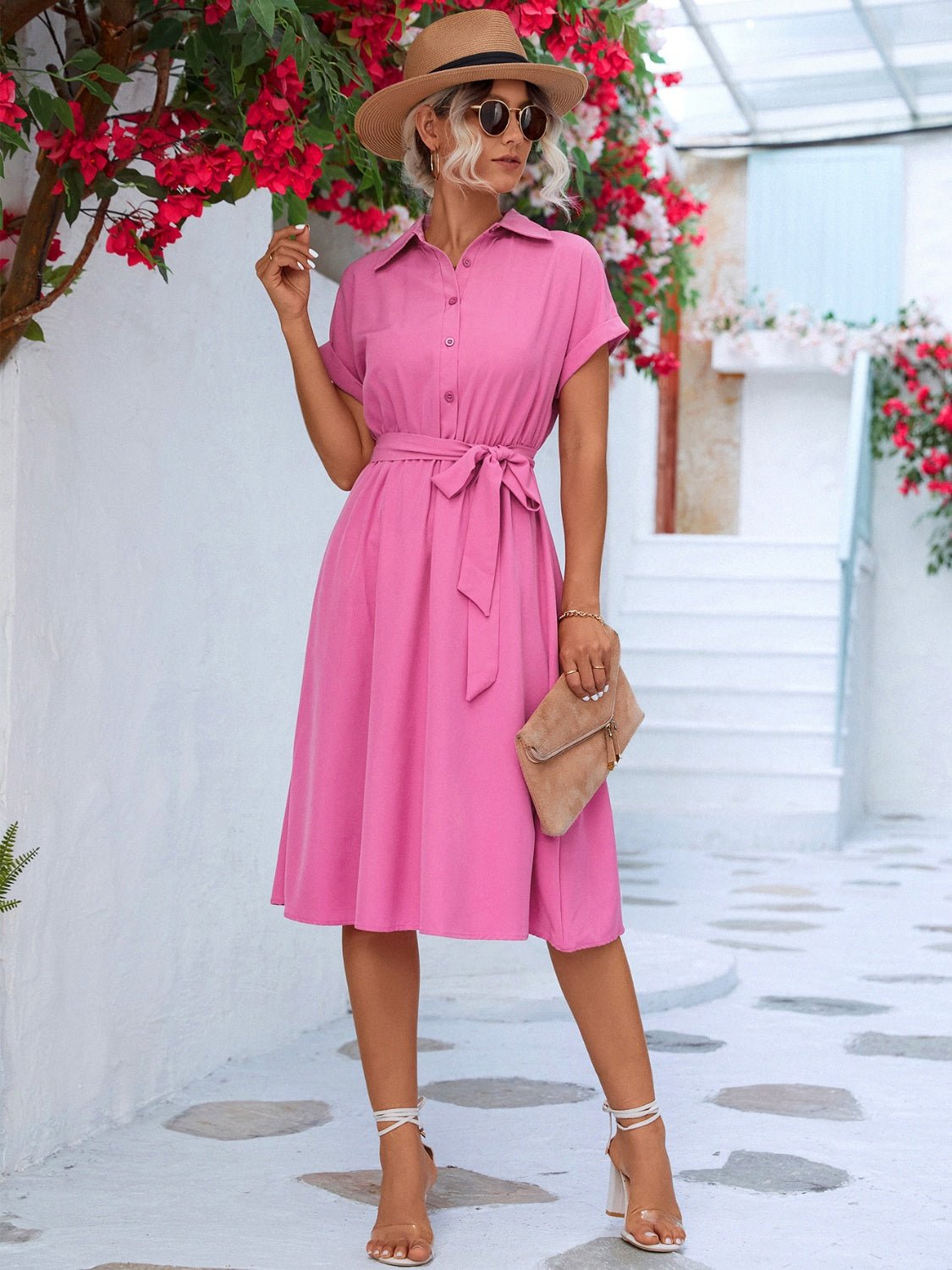 Buttoned Tie Waist Short Sleeve Dress - ViarousViarousViarous