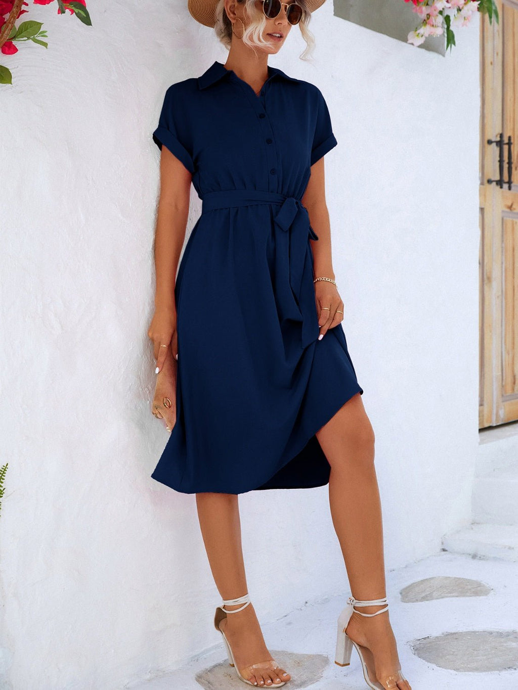 Buttoned Tie Waist Short Sleeve Dress - ViarousViarousViarous